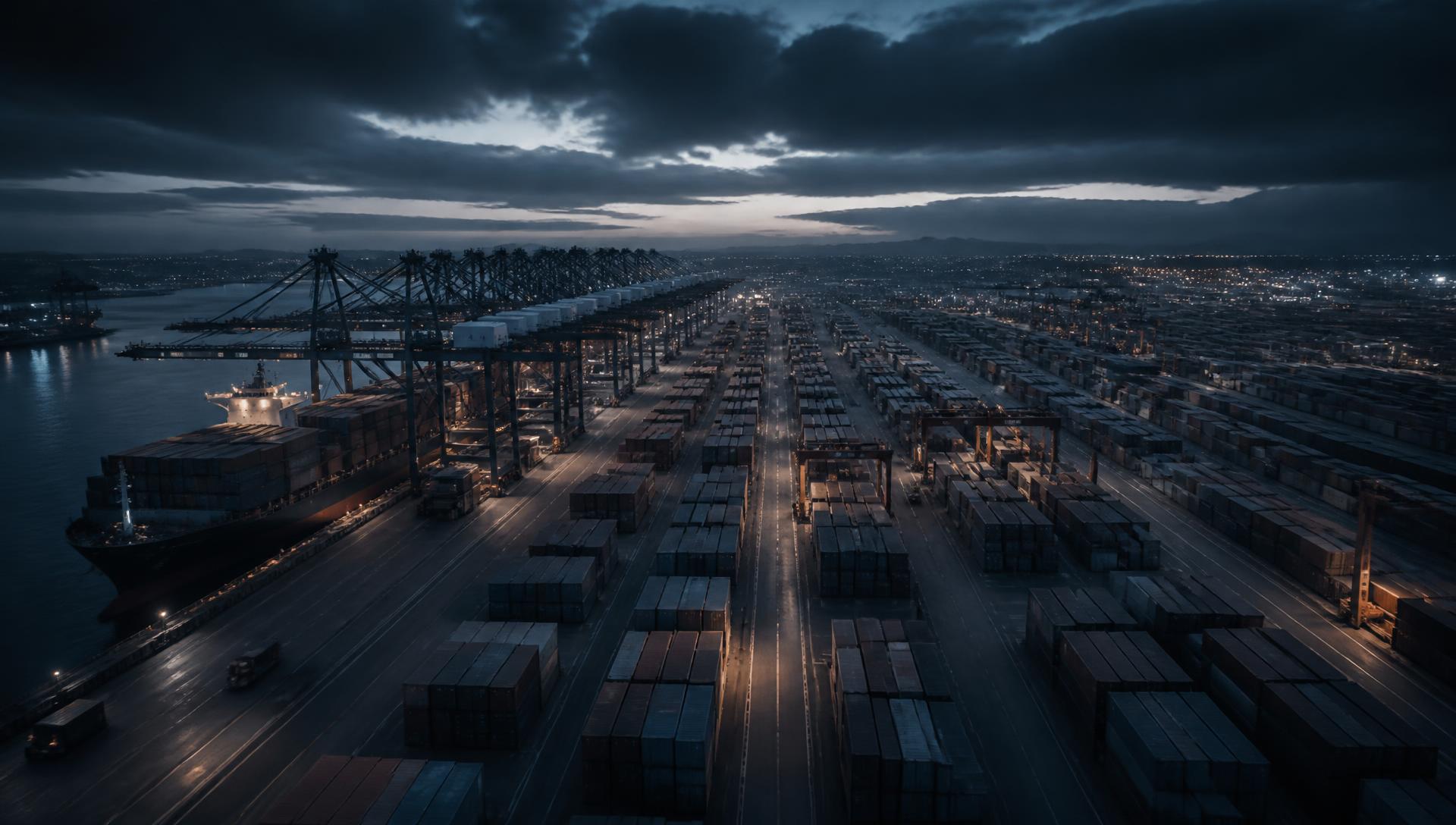 International container port at dusk with cargo ship and gantry cranes