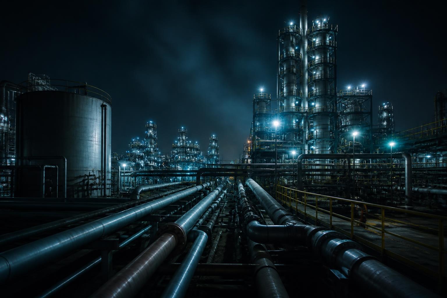 Industrial chemical plant with pipelines and storage tanks at night