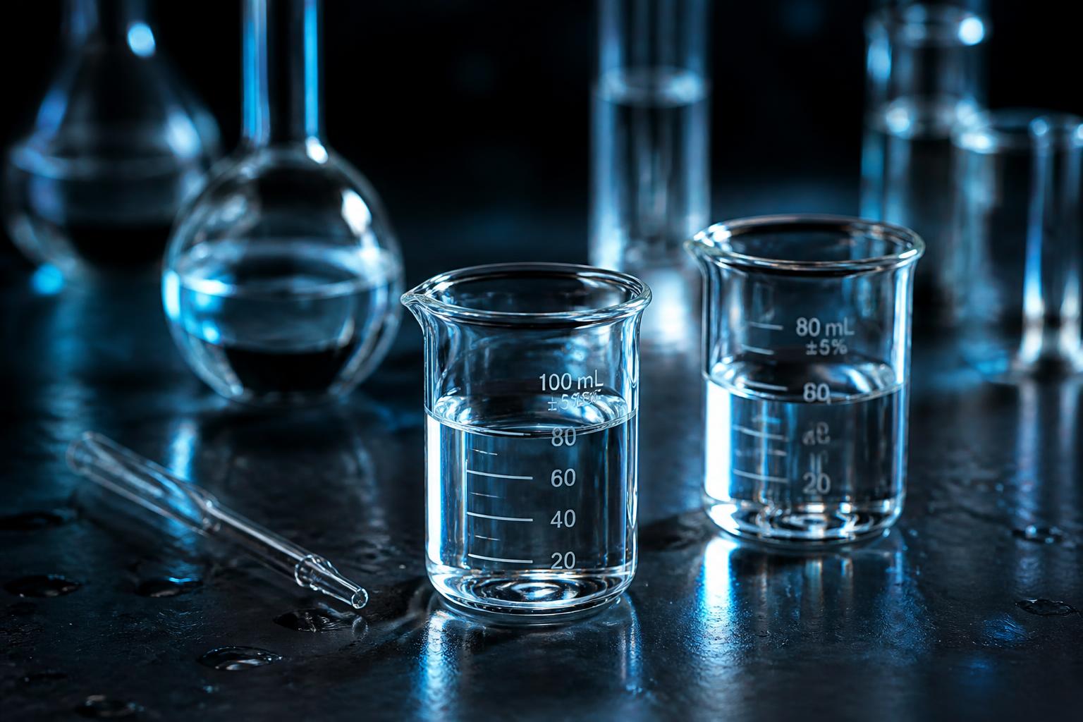 Laboratory glassware containing specialty chemical liquids
